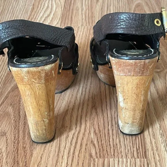 Tory Burch Women Heel Sandal Shoes Dark Brown Leather Upper Wood Heel Size 6 - Picture 7 of 12